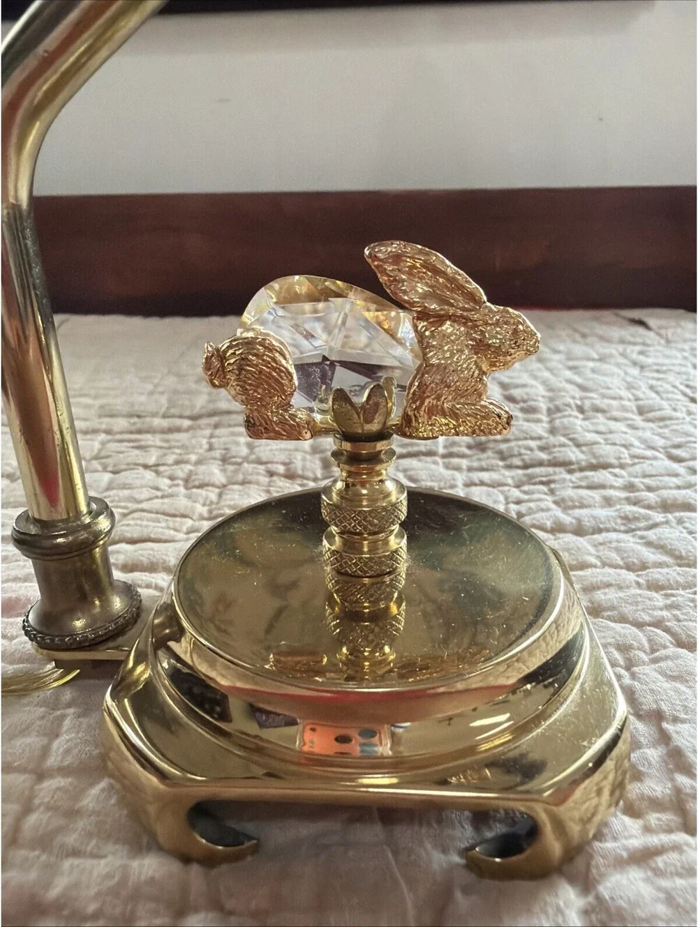 VTG Brass Table Lamp w/ Crystal Rabbit Figure Cottage Beaded Shade Shabby Chic